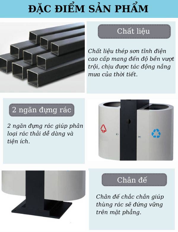 Chi tiết từng bộ phận, thiết kế của thùng rác 2 ngăn bằng thép