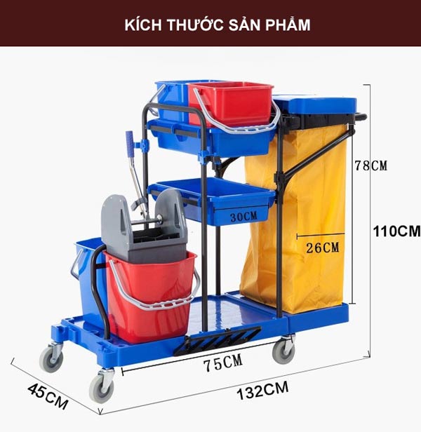 Chi tiết kích thước xe đẩy đồ dọn vệ sinh tòa nhà
