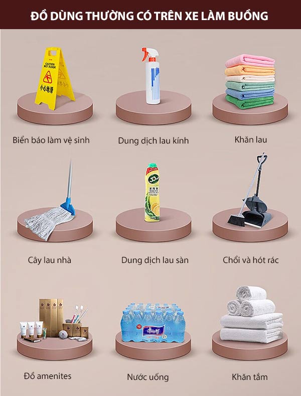 Các đồ dùng thường đặt trên xe trolley dọn phòng
