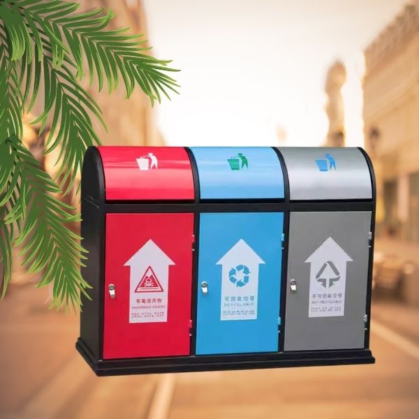 Thùng rác bằng thép sơn màu kiểu dáng 3 ngăn