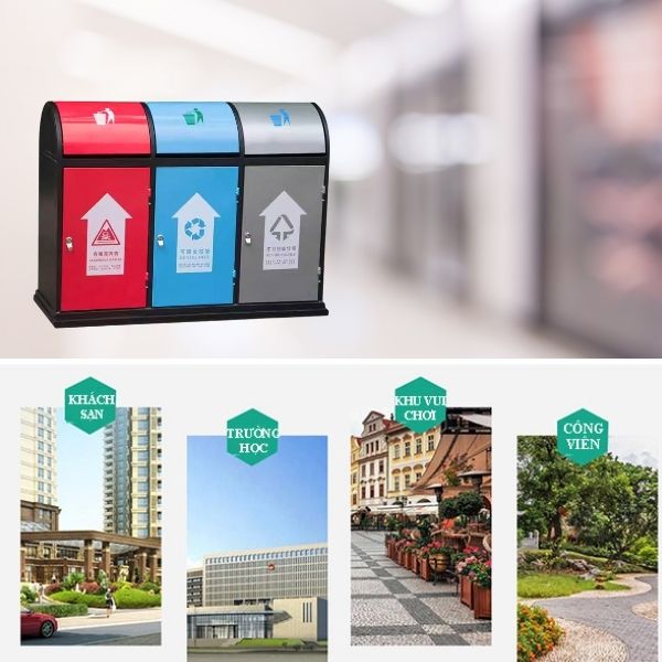 Thùng rác 3 ngăn thép sơn tĩnh điện được sử dụng ở nhiều nơi