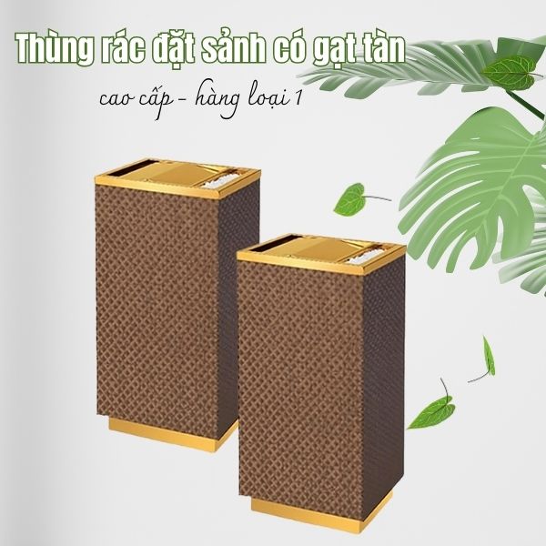 Mẫu thùng rác đặt sảnh có gạt tàn bên ngoài bọc giả da vân caro