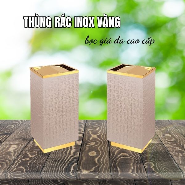 Mẫu thùng rác khung inox vàng, thân bọc giả da màu hồng