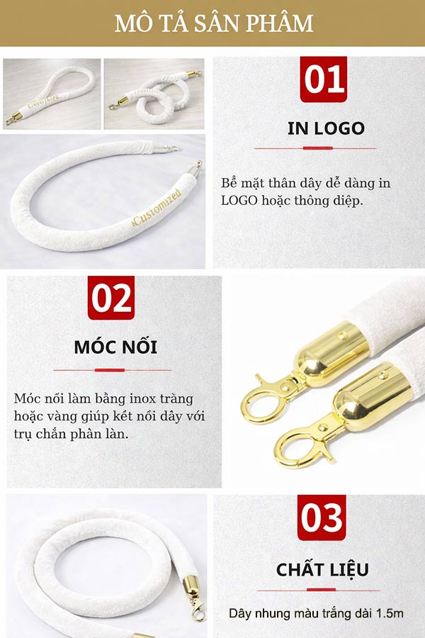 Chi tiết các đặc điểm từng bộ phận cấu thành dây nhung màu trắng của cột chắn