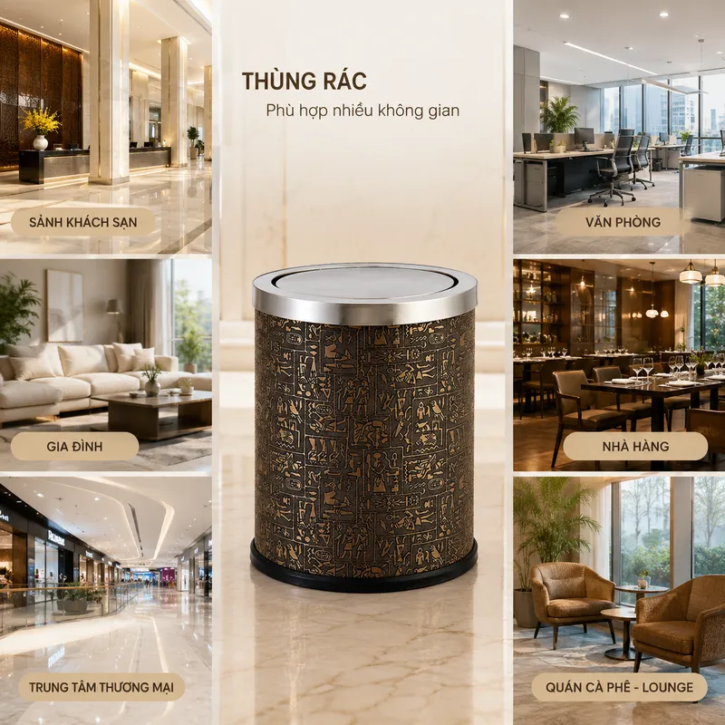 Thùng rác bọc giả da họa tiết ai cập có nắp lật