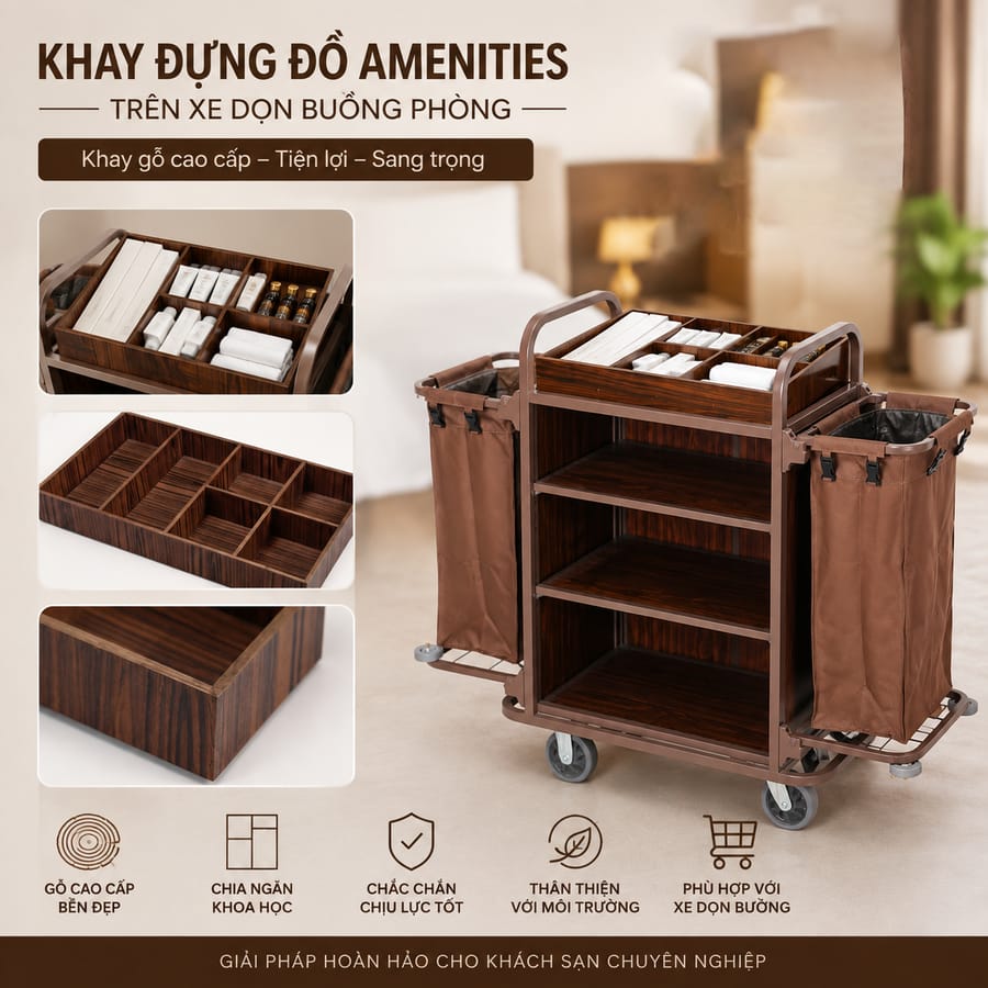 Đặc điểm khay gỗ đựng đồ amenities xe dọn phòng