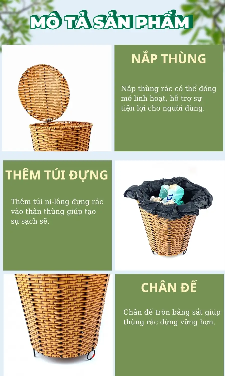 Đặc điểm cấu tạo, thiết kế thùng đựng rác nhựa giả mây