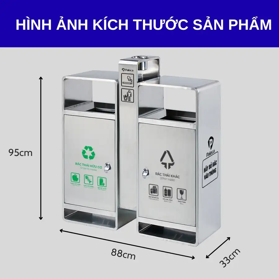 Kích thước thùng phân loại rác inox 2 ngăn có gạt tàn