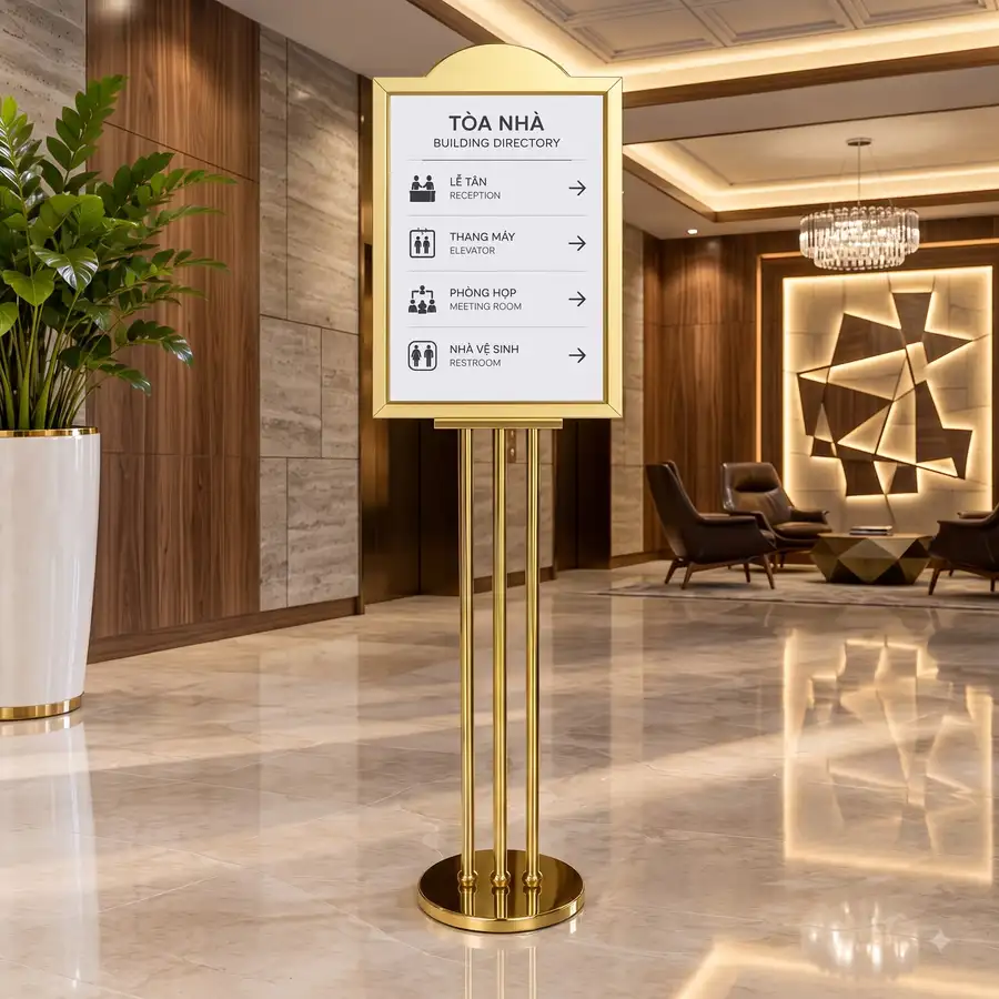 Bảng chỉ dẫn thông tin đặt sảnh bằng inox vàng