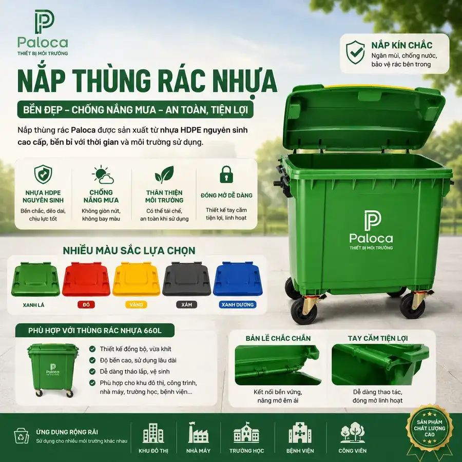 Nắp thùng rác nhựa cỡ lớn 660L đủ màu, nhiều công dụng