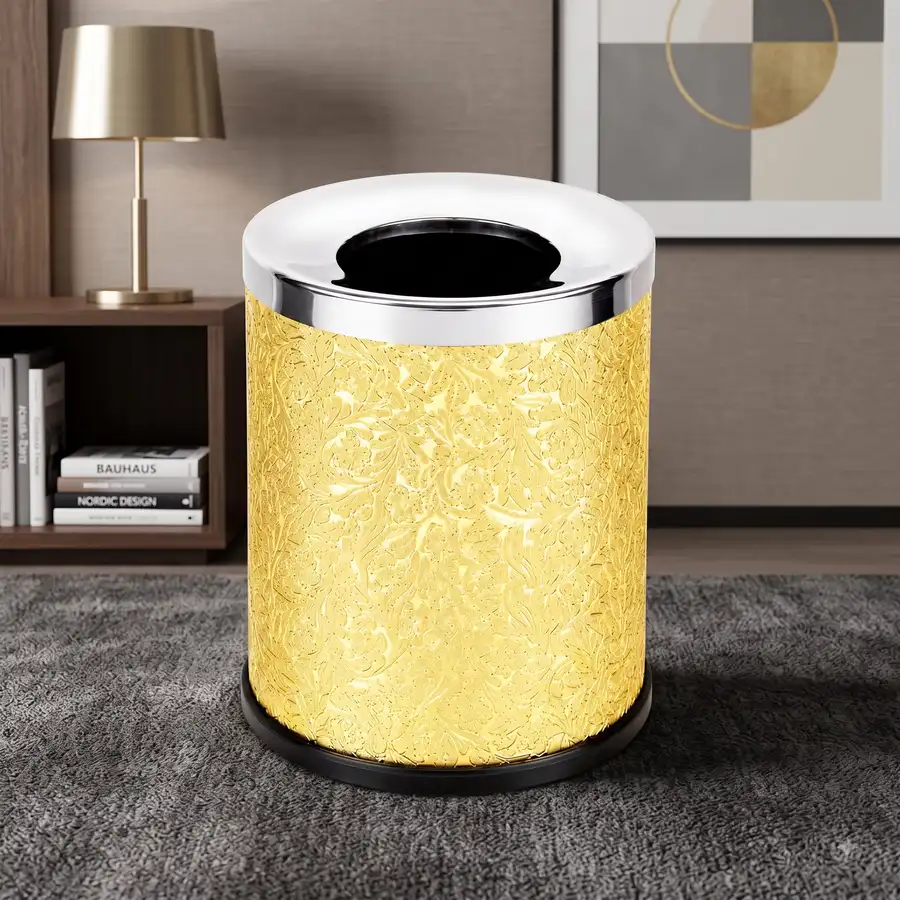 Sọt rác không nắp bọc giả da vân hoa vàng