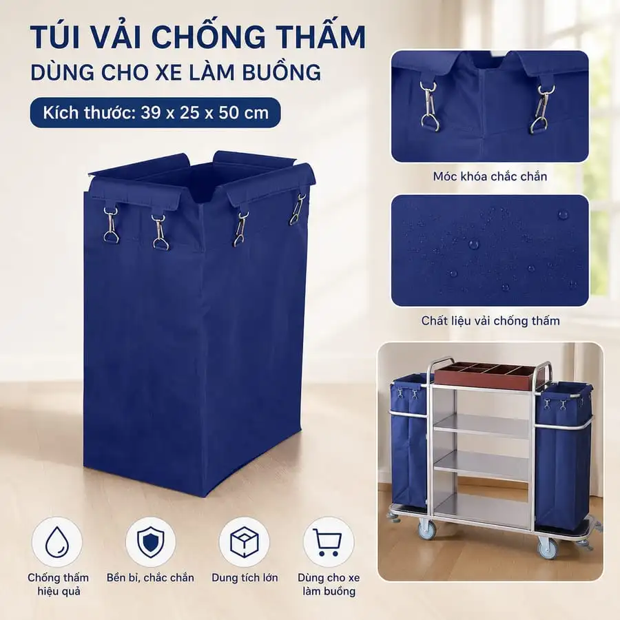 Đặc điểm túi thay thế trên xe đẩy khách sạn màu xanh